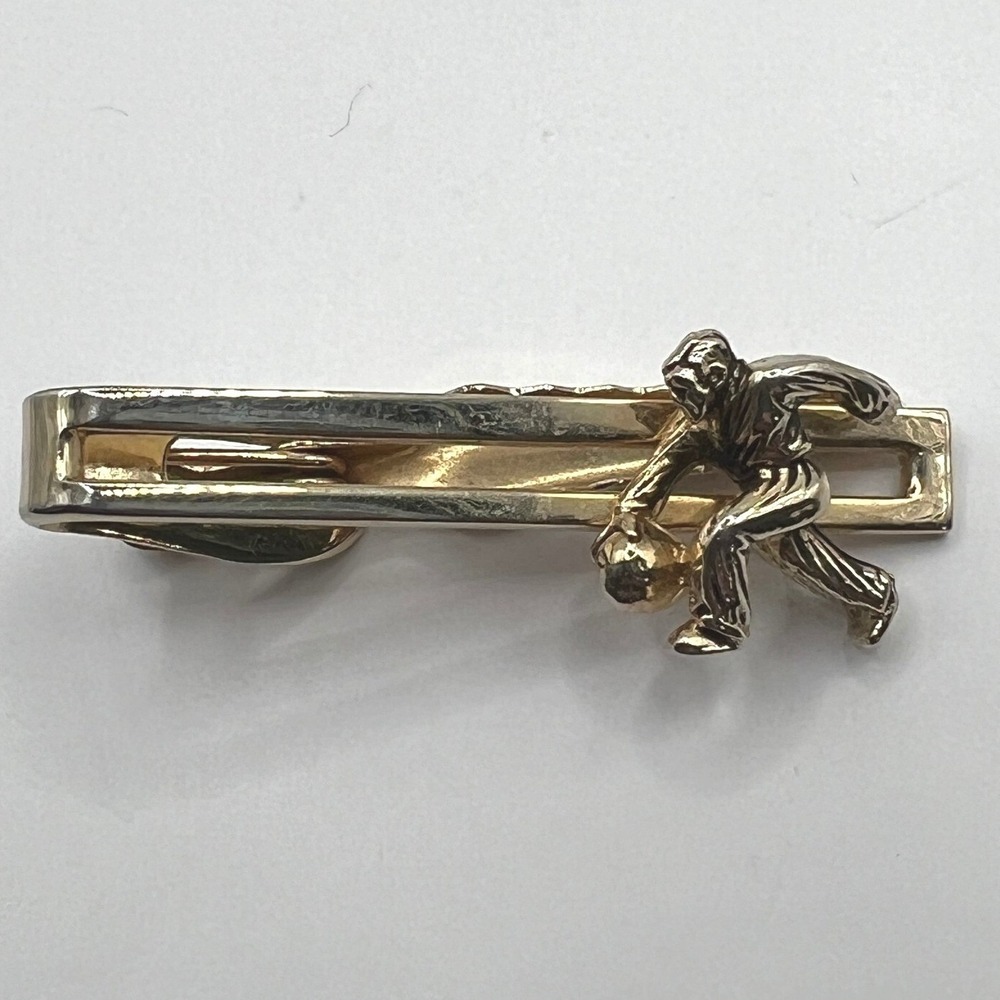 Vintage Bowling Tie Bar Rectangular Gold Tone Clip Sports‎ Jewelry